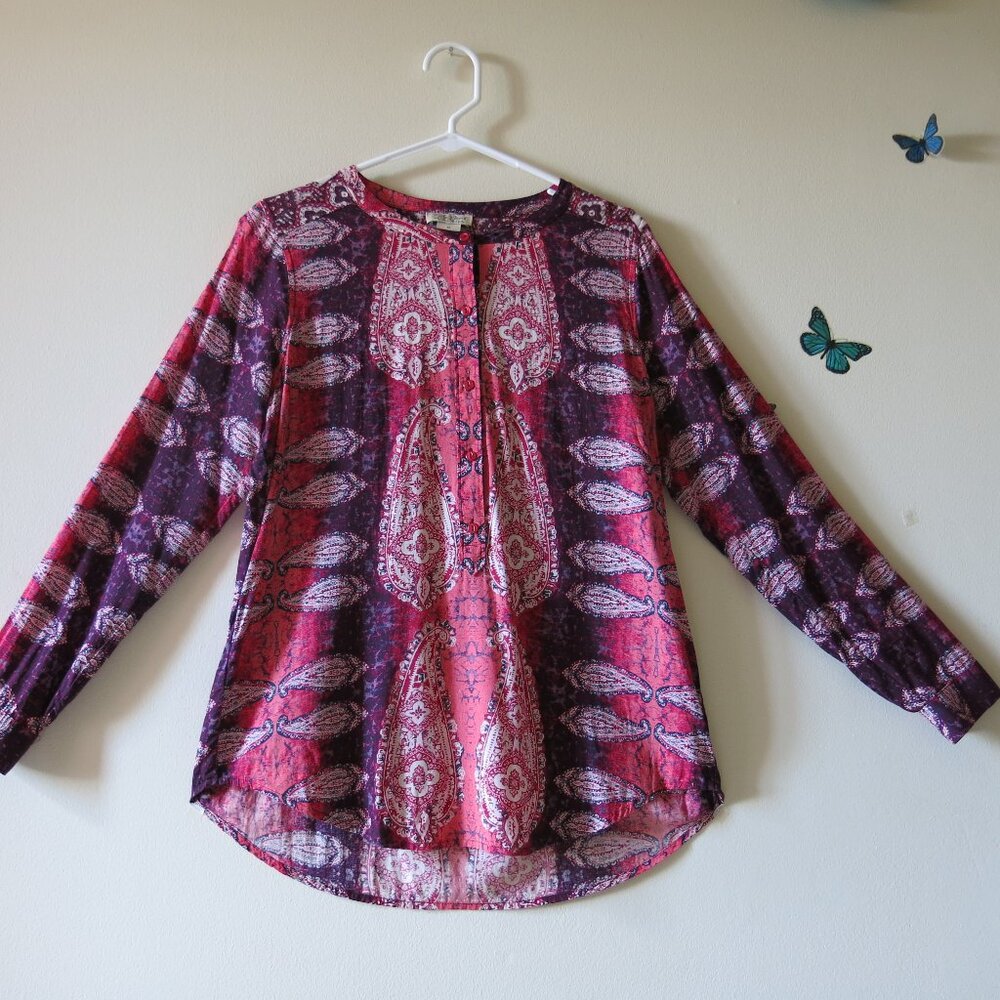 Lucky Brand Live In Love Paisley Pink Purple Long Sleeve Bohemian Blouse Size M - Picture 2 of 9